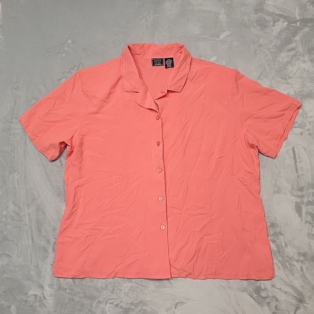 Laura Scott Shirt Women 24W Coral Pink 100% Silk Short Sleeve Button Down Blouse